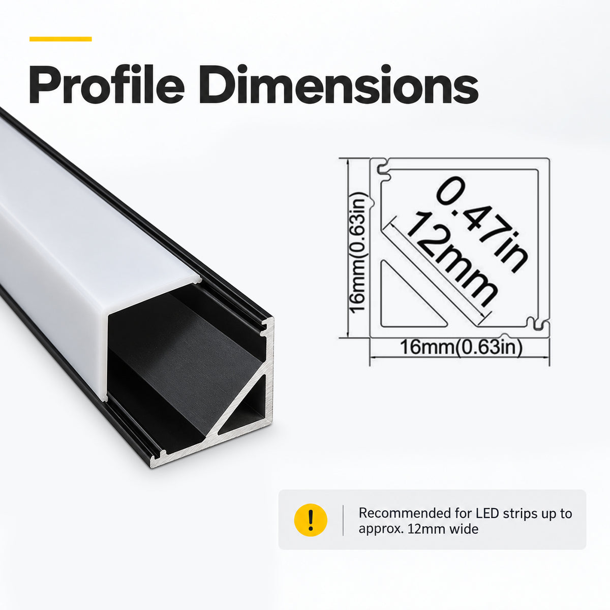Black V01 16x16mm V-Shape Corner-Mount LED Aluminum Channel, 12mm Inner Width, with Cover, End Caps & Mounting Clips