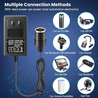 DC 12V Cigarette Lighter Plug-in LED Adapter 24W, AC 100–240V to 12V Converter Transformer - US Plug for Car Accessories, Portable Devices and LED Lighting