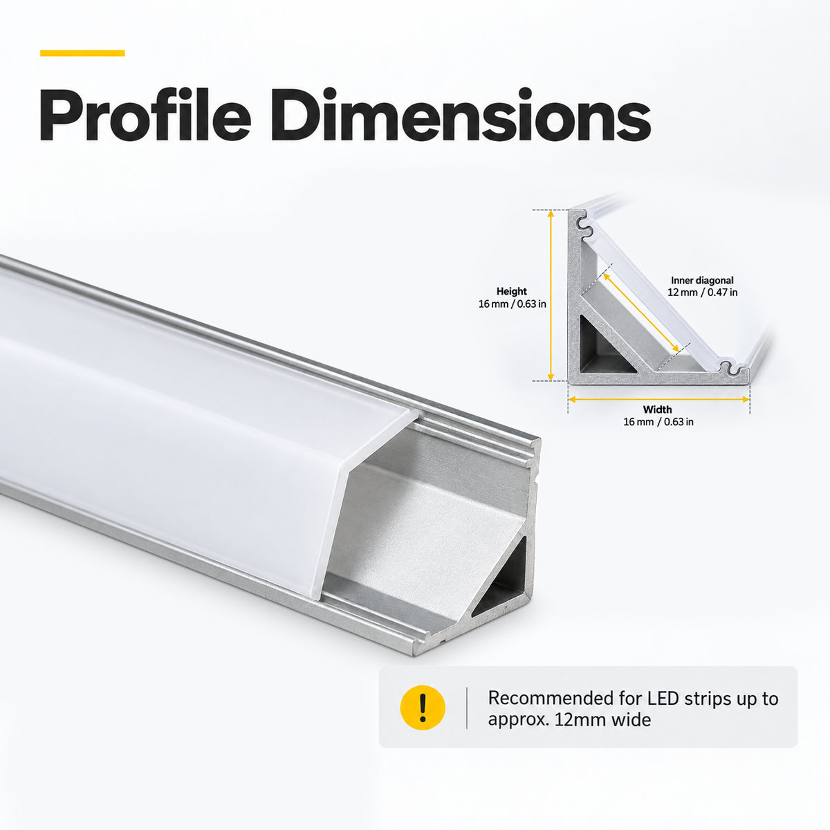 Silver V01 16x16mm V-Shape Corner-Mount LED Aluminum Channel, 12mm Inner Width, with Cover, End Caps & Mounting Clips