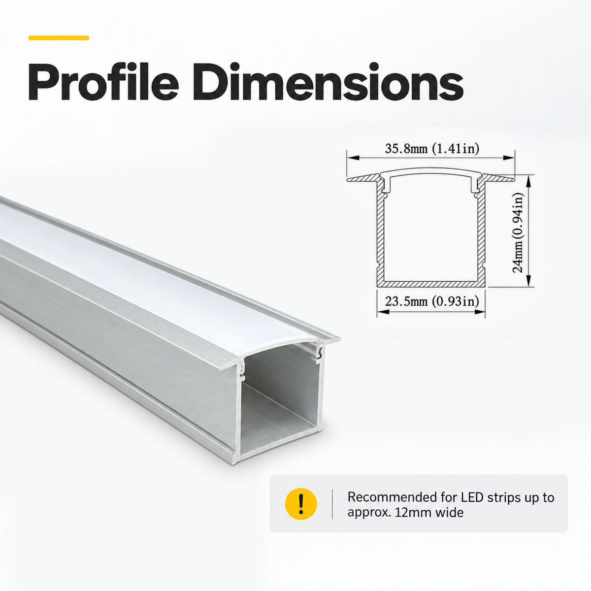 Silver U05 36x24mm U-Shape LED Aluminum Channel, 20mm Inner Width, with Cover, End Caps & Mounting Clips for Spot-Free LED Strip Lighting