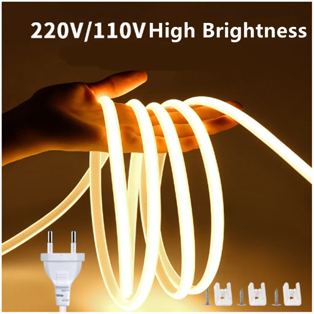AC110V / 220V COB LED Strip Light 3000K / 6500K, IP65 Waterproof Spotless High Brightness Inline Power Switch for Cabinet Kitchen & Office Lighting, US / EU Plug, 5M/10M Pack