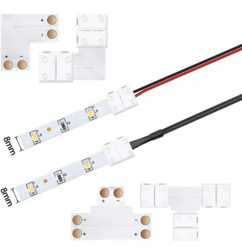 LightingWill LED Strip Connector 10mm 2Pin Solderless Clips, LED Light Strip Connector Strip to Wire Strip to Strip DC Adapter L T Connectors, Local Stock US UK