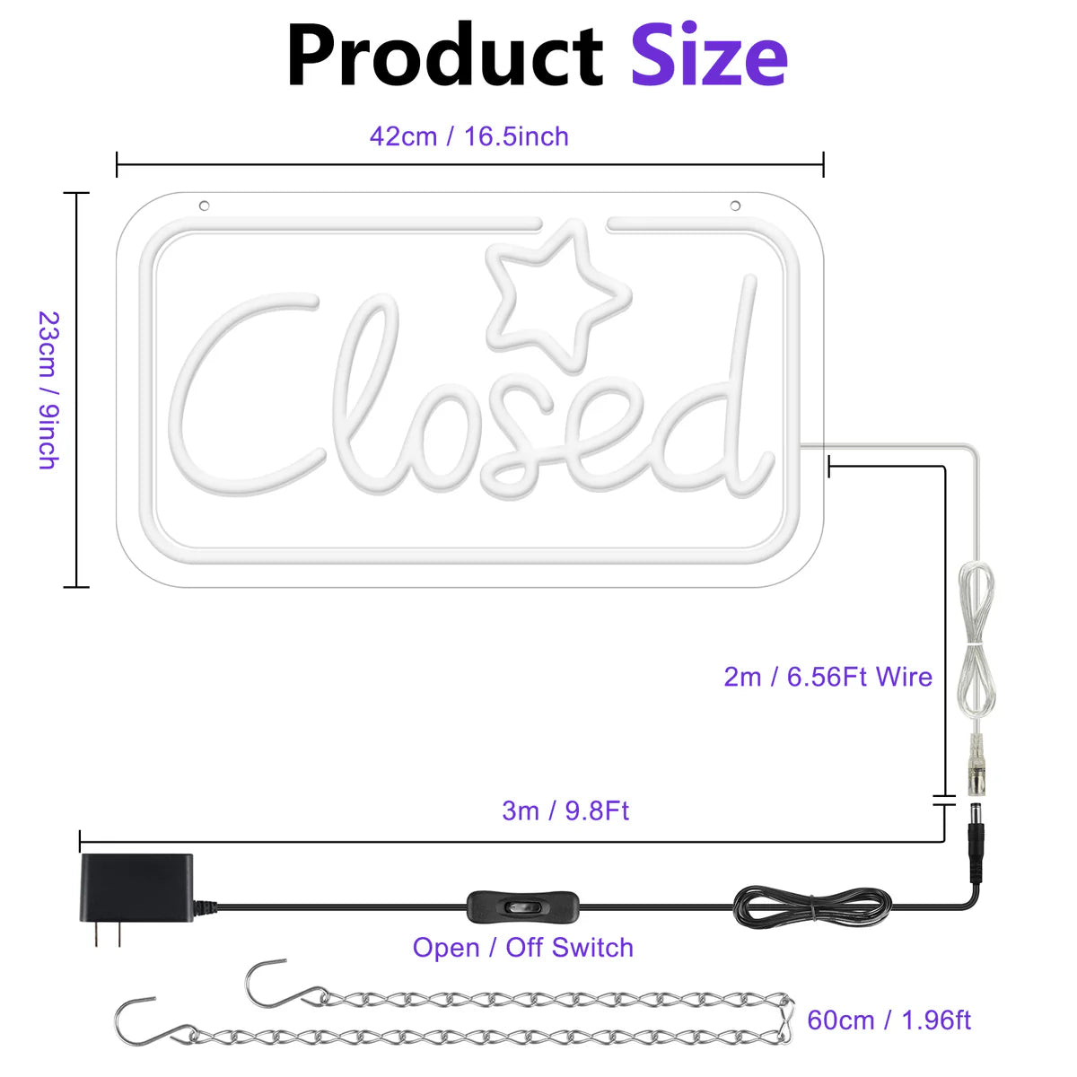 Closed Neon Sign – 17×9 inch (42×23 cm) | Ice Blue & Pink Glow + Yellow Star | Window Hanging | Plug & Play for Storefronts