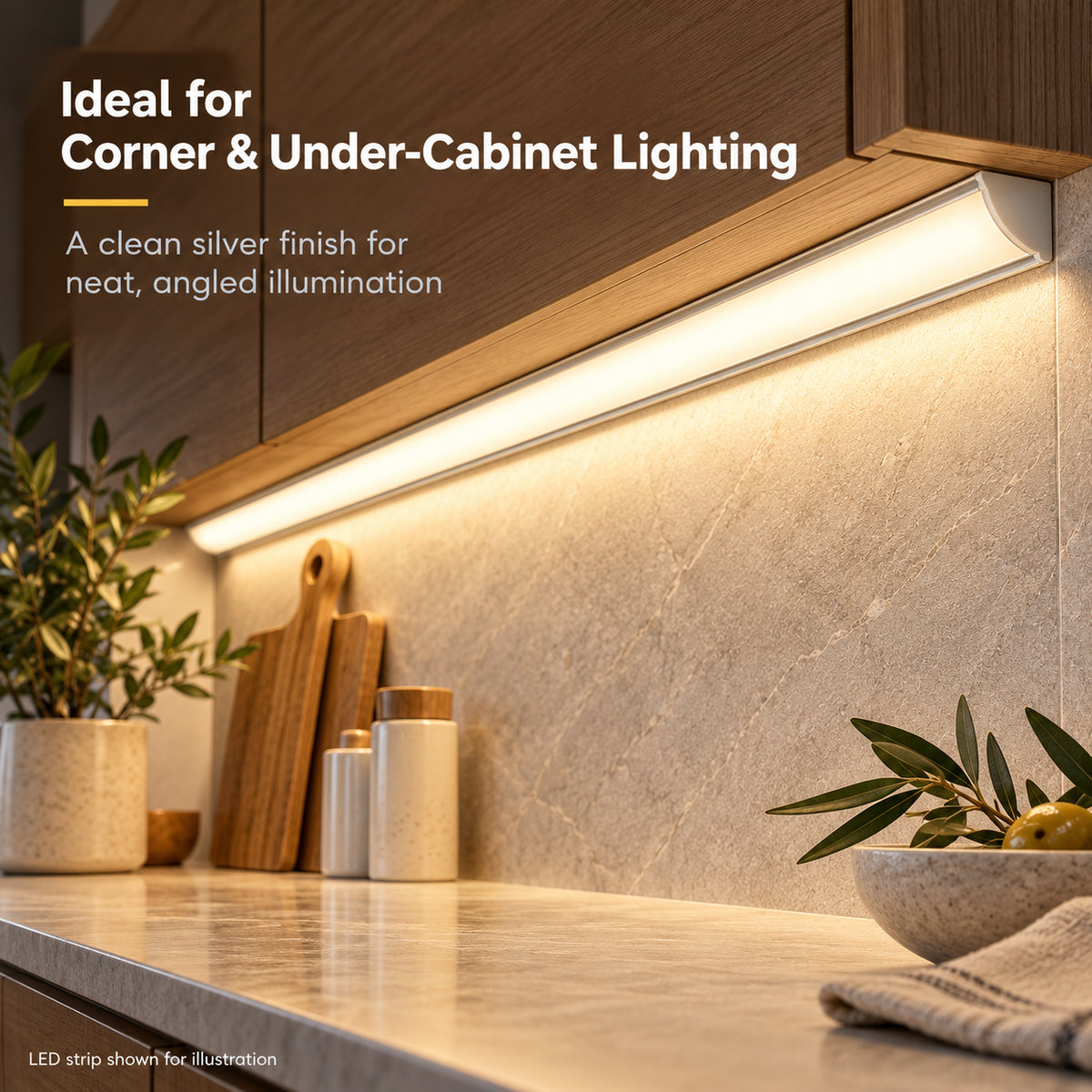 Silver V02 16x16mm V-Shape Corner-Mount LED Aluminum Channel, 12mm Inner Width, with Cover, End Caps & Mounting Clips