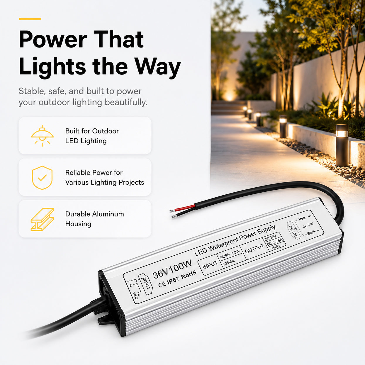 100W 36V/48V Waterproof LED Power Supply, 90-140V Input, Single Output, Aluminum Housing, Outdoor LED Lighting Driver, CE/RoHS/FCC Certified, US Plug