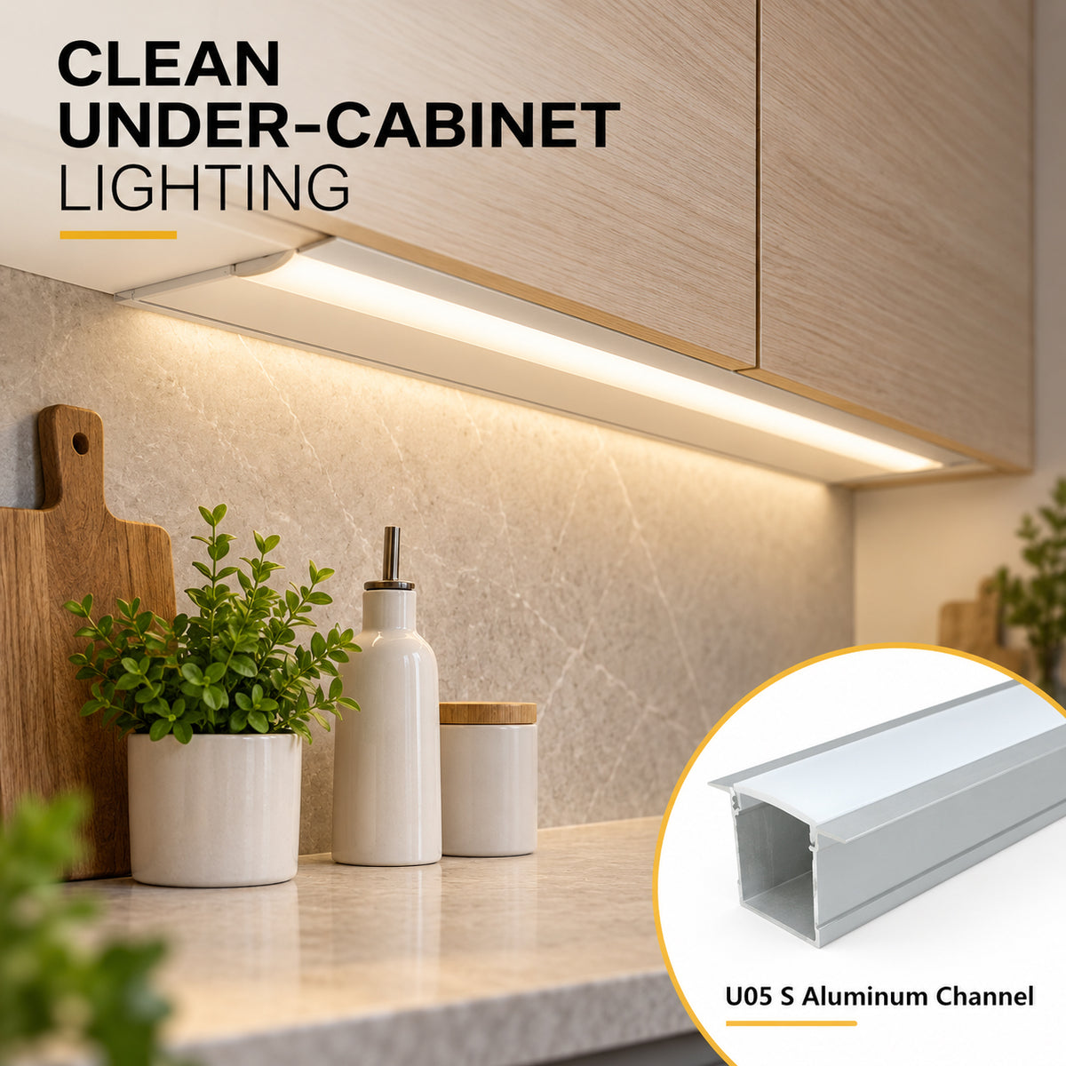 Silver U05 36x24mm U-Shape LED Aluminum Channel, 20mm Inner Width, with Cover, End Caps & Mounting Clips for Spot-Free LED Strip Lighting