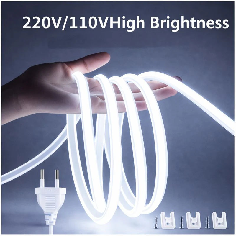 AC110V / 220V COB LED Strip Light 3000K / 6500K, IP65 Waterproof Spotless High Brightness Inline Power Switch for Cabinet Kitchen & Office Lighting, US / EU Plug, 5M/10M Pack