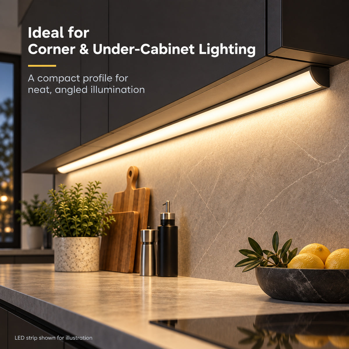 Black V02 16x16mm V-Shape Corner-Mount LED Aluminum Channel, 12mm Inner Width, with Cover, End Caps & Mounting Clips