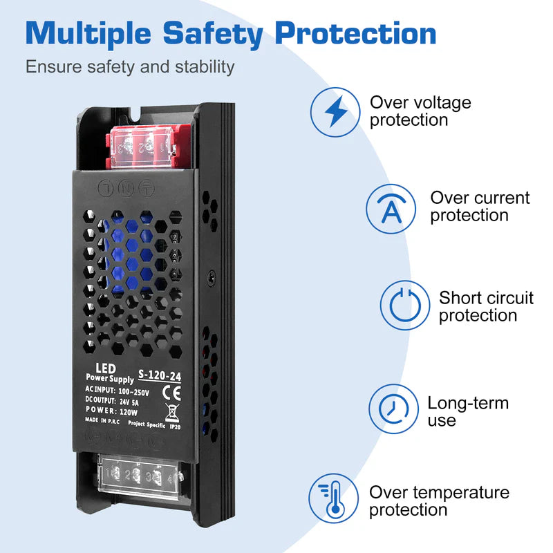 Slim Black DC 12V/24V 36W–200W Switching Power Supply, AC 110–250V Input, Narrow Type LED Transformer, Compact Metal Housing, CE/FCC/RoHS Certified