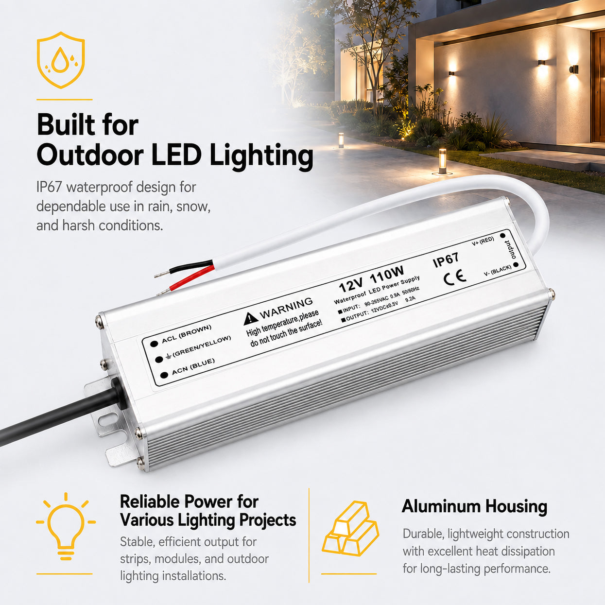 110W 12V Waterproof LED Power Supply, 90-265V Input, Single Output, Aluminum Housing, Outdoor LED Lighting Driver, CE/RoHS/FCC Certified, US/UK/EU Plug