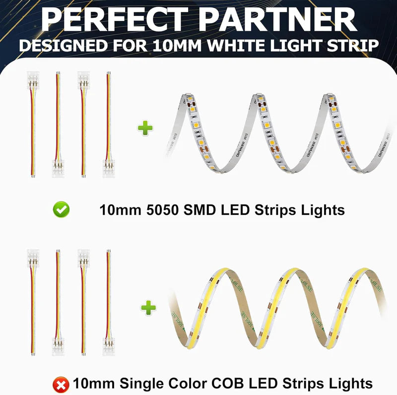 LightingWill LED Strip Connector 10mm 3Pin Transparent Solderless Clips, LED Light Strip Connector Strip to Wire Strip to Strip DC Adapter Connector for RGB IC Strip, Bulk 500pcs MOQ Factory Direct
