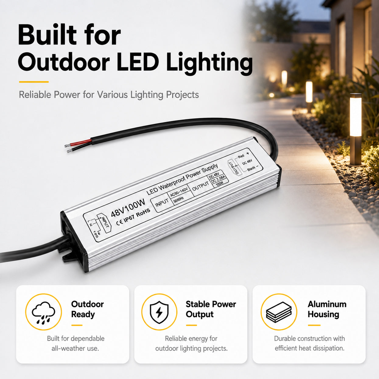 100W 36V/48V Waterproof LED Power Supply, 90-140V Input, Single Output, Aluminum Housing, Outdoor LED Lighting Driver, CE/RoHS/FCC Certified, US Plug
