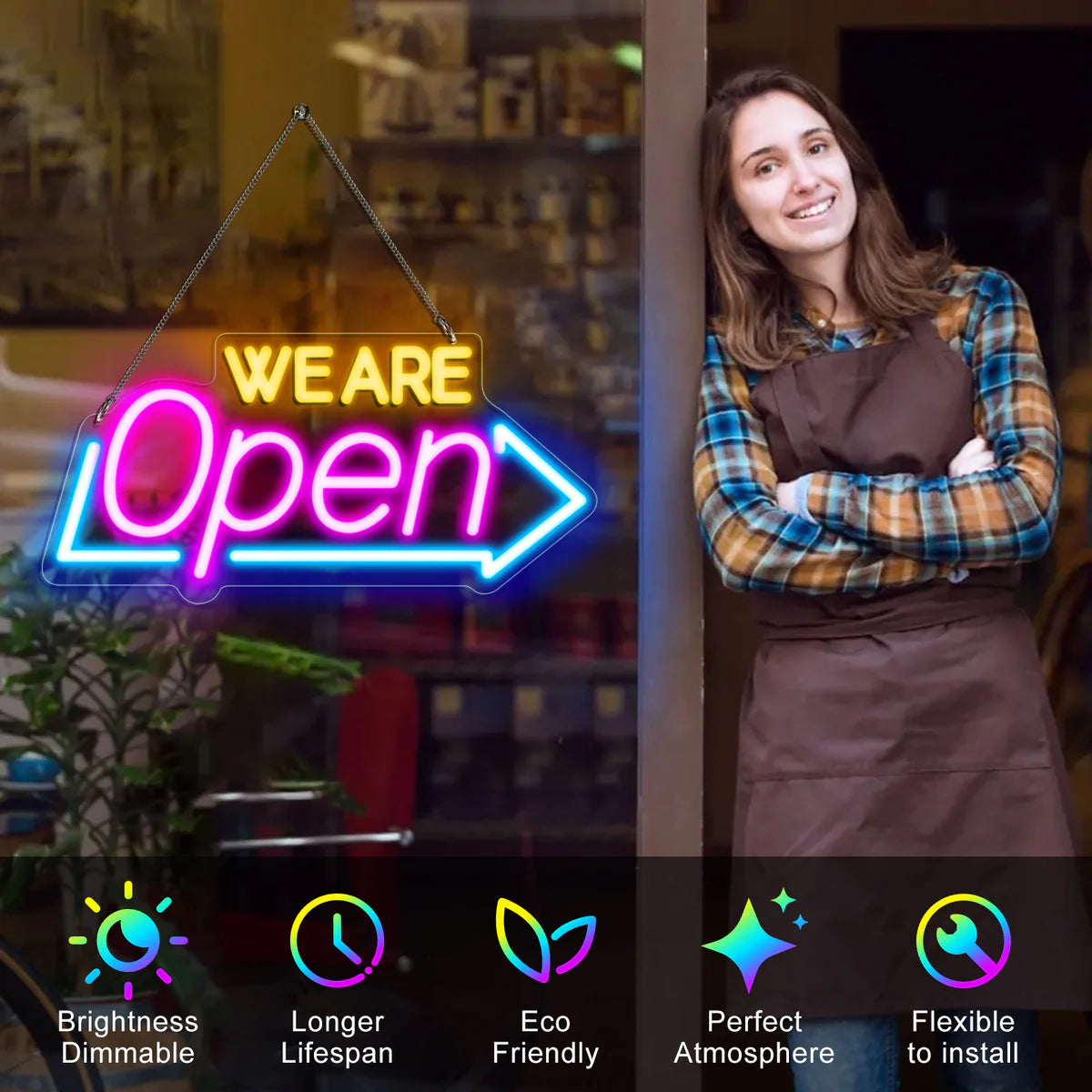 WE ARE OPEN Neon Sign – Arrow Shape LED Window Sign | USB Powered | 16×8 inch (41×20 cm) | 3 Color Combos for Storefront Display