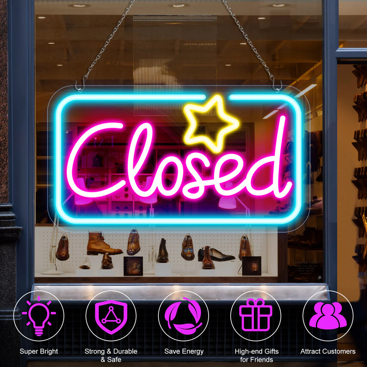 Closed Neon Sign – 17×9 inch (42×23 cm) | Ice Blue & Pink Glow + Yellow Star | Window Hanging | Plug & Play for Storefronts