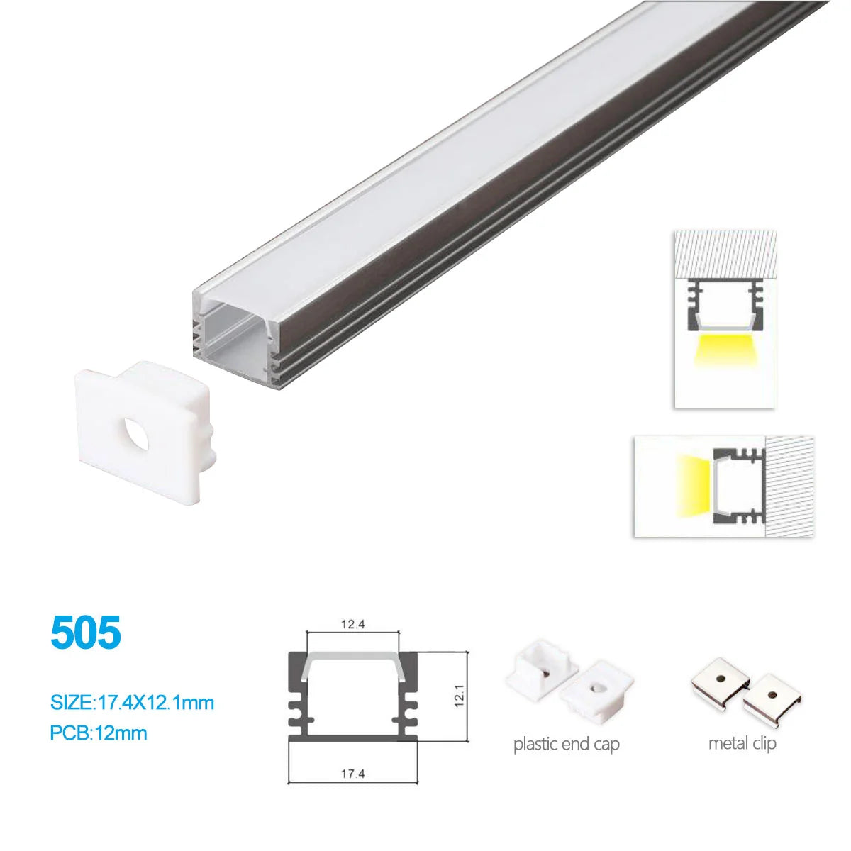 Silver 505-B 17.4 × 12.1mm LED Aluminum Channel, 12mm Inner Width, with Milky White Cover & Installation Accessories