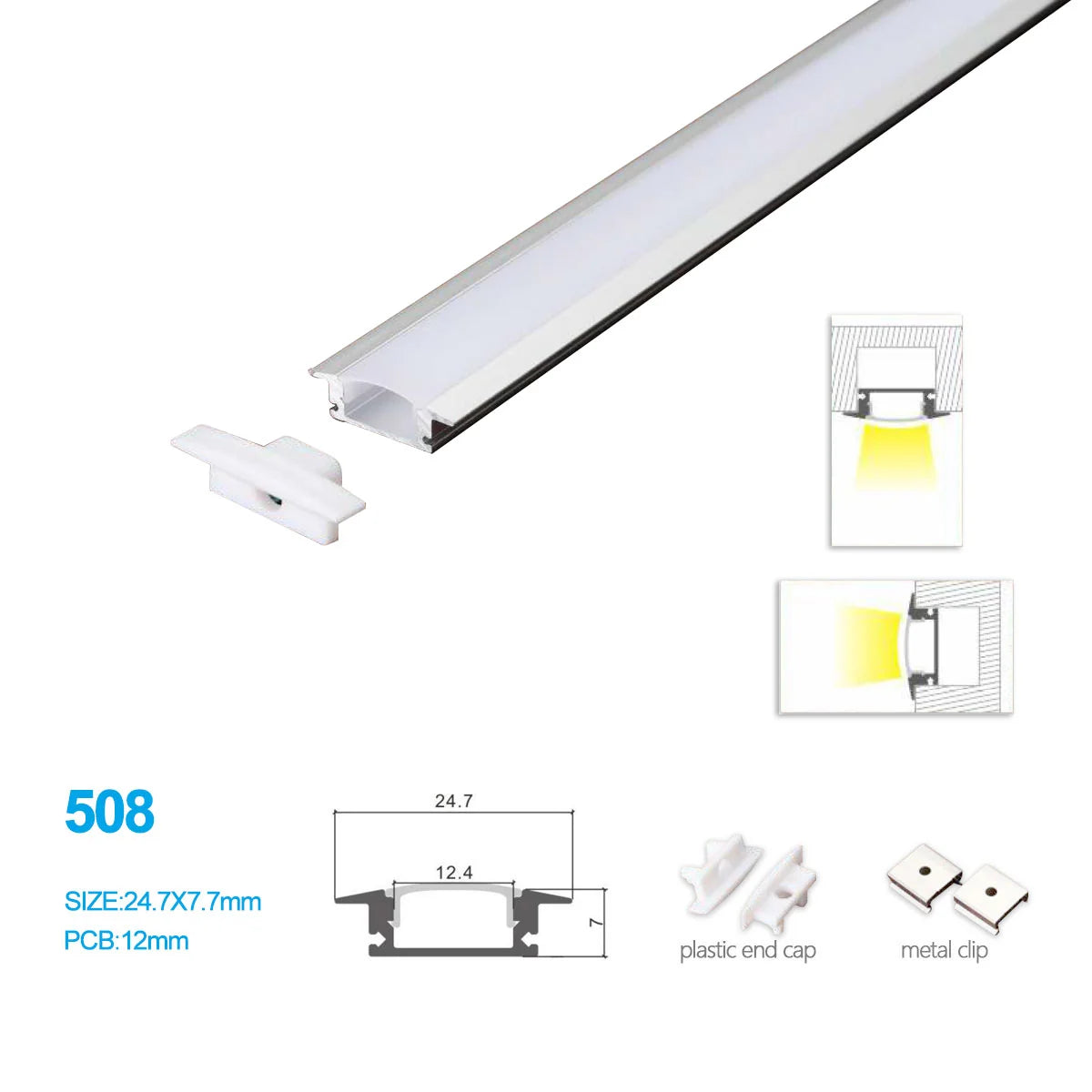 Silver 508-B 24.7 × 7mm Wall-Mount LED Aluminum Channel, 12mm Inner Width, with Milky White Cover & Installation Accessories