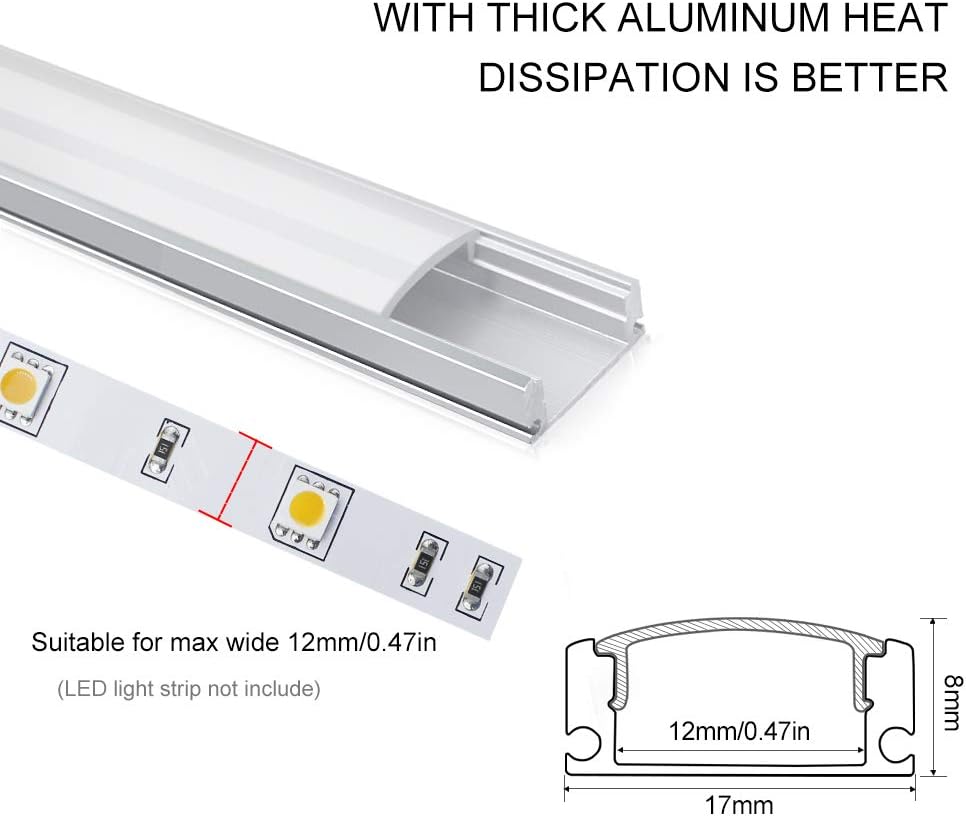 6-Pack LED Aluminum Profile, LED Aluminum Channel Silver U-Shape LED Diffuser with Milky White Cover, End Caps and Mounting Clips Aluminum Extrusion for LED Strip Lights U02