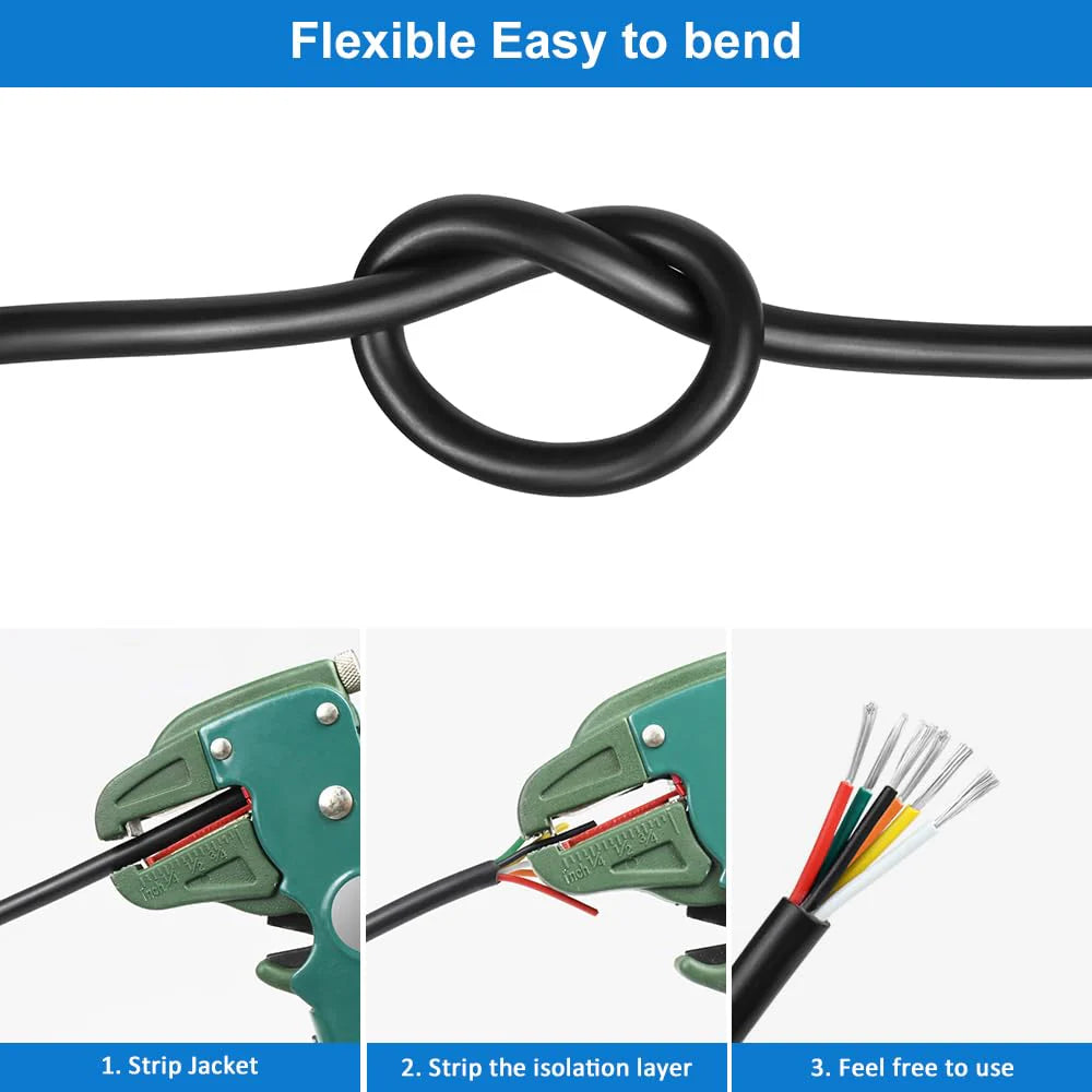 18 AWG Electrical Wire, Stranded Tinned Copper Multi-Core Cable, 6/7/8 Conductor, Black/White PVC Flexible Control Extension Cord — 3m–50m (10ft–165ft) Options