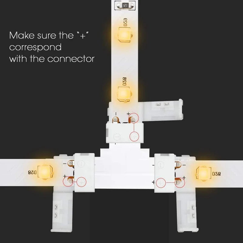 LightingWill LED Strip Connector 10mm 2Pin Solderless Clips, LED Light Strip Connector Strip to Wire Strip to Strip DC Adapter L T Connectors, Local Stock US UK