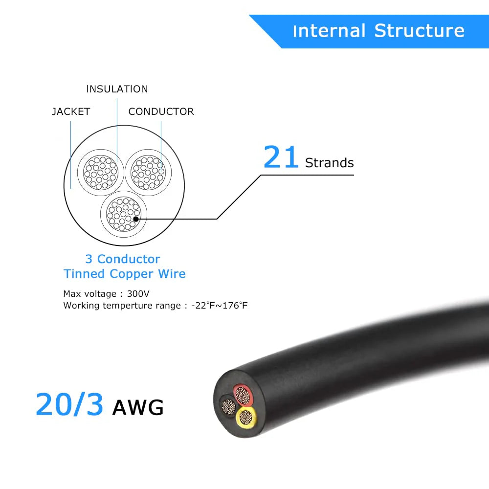 20 AWG Electrical Cable, Stranded Tinned Copper Wire, 2/3/4/5 Conductor, Black/White PVC Sheathed Flexible Extension Cord for DIY Wiring — 3m–50m (10ft–165ft) Options