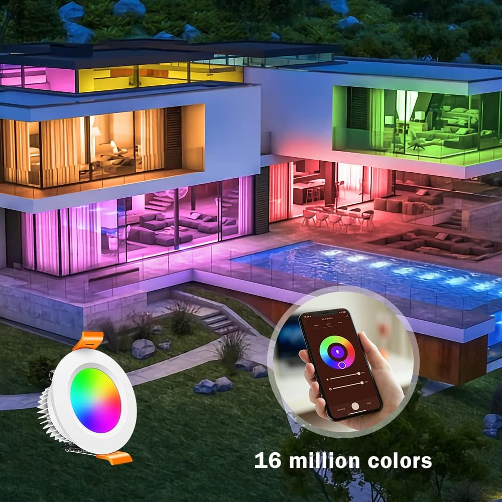 Smart RGB Downlight – WiFi Recessed Lighting, 2 Inch 5W, Dimmable RGB + CCT 2700–6500K, Works with Alexa & Google, 100–240V, White Housing, 4 / 6 / 10 Pack Options