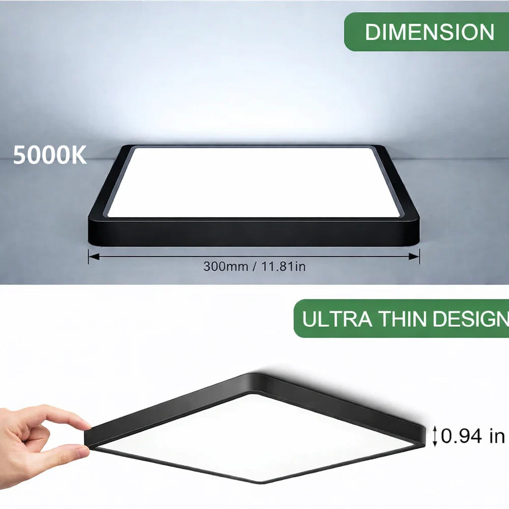 12 Inch 24W White /Black Square Ceiling Light – AC 110–130V | 3000K / 4500K / 5000K / 6500K | Flush Mount Ceiling Light for Modern Home Lighting | 1-Pack – Local Stock (US)