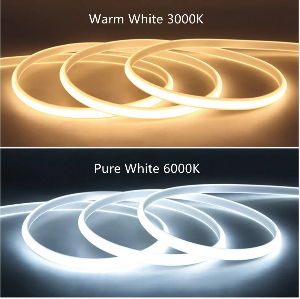 AC110V / 220V COB LED Strip Light 3000K / 6500K, IP65 Waterproof Spotless High Brightness Inline Power Switch for Cabinet Kitchen & Office Lighting, US / EU Plug, 5M/10M Pack