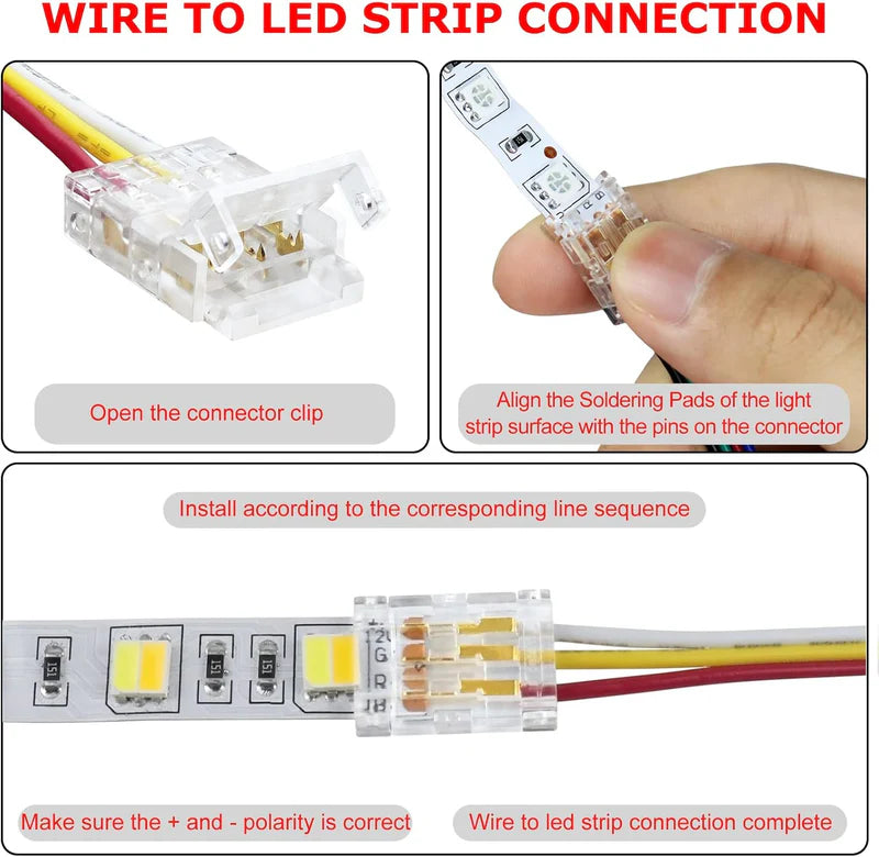 LightingWill LED Strip Connector 10mm 3Pin Transparent Solderless Clips, LED Light Strip Connector Strip to Wire Strip to Strip DC Adapter Connector for RGB IC Strip, Bulk 500pcs MOQ Factory Direct