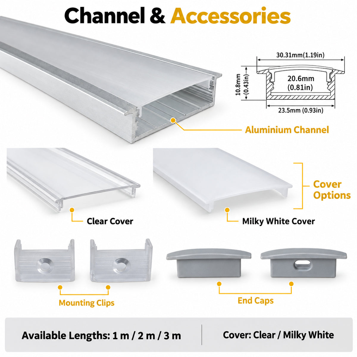 Silber U03 10 x 30 mm U-Form Innenbreite 20 mm LED-Aluminium-Kanalsystem mit Abdeckung, Endkappen und Befestigungsklammern Aluminiumprofil für LED-Lichtstreifeninstallationen