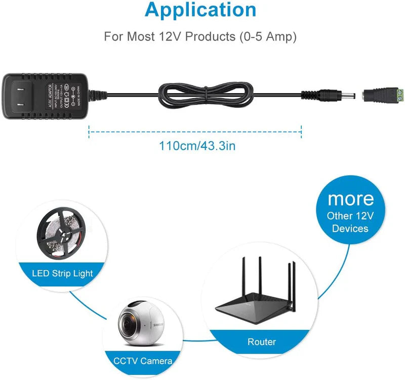 Power Supply Adapter DC 12V 12W–24W, AC 100–240V Wall Plug Transformer with US/UK Plug, Black Case LED Driver for LED Strip Lights, CCTV, Electronics