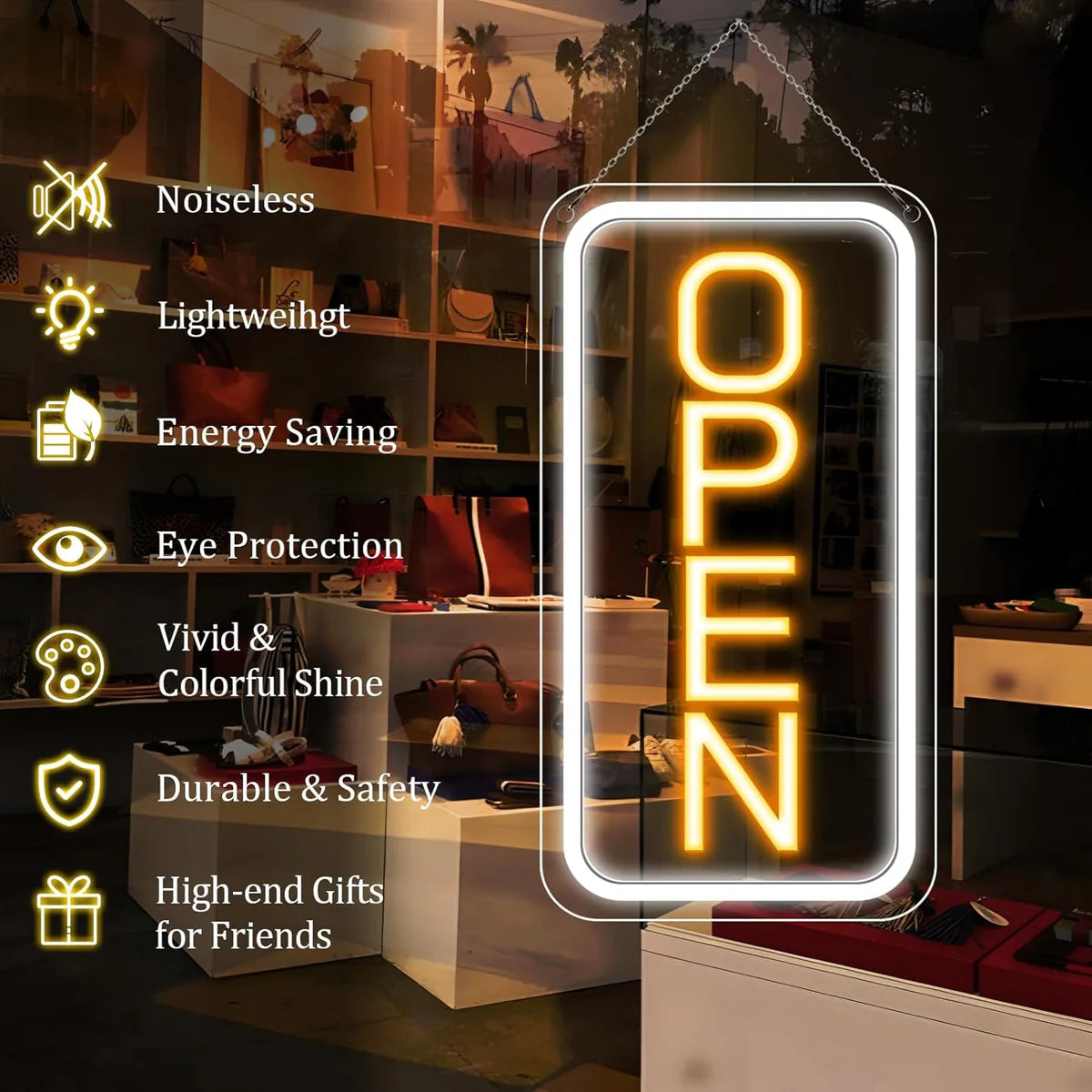 OPEN Neon LED Sign – 5 Glow Color Options | Vertical Rectangular | 16×9 / 23×12 inch | Window Hanging | Plug & Play for Storefronts