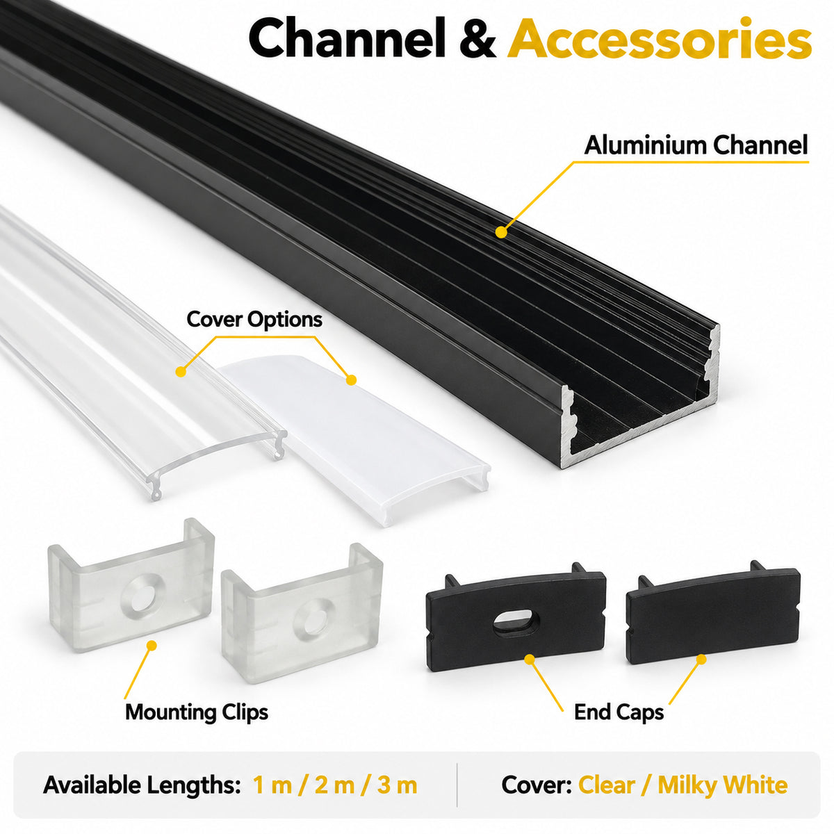Black U04 10x23mm U-Shape LED Aluminum Channel, 20mm Inner Width, with Cover, End Caps & Mounting Clips