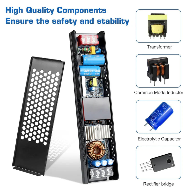 Slim Black DC 12V/24V 300W–400W Switching Power Supply, AC 110–130V/175–250V Input, LED Driver Transformer with Built-in Cooling Fan, CE/FCC/RoHS Certified