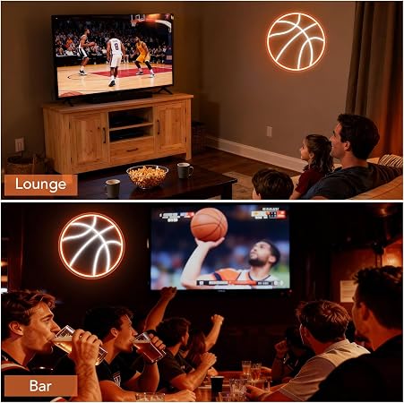 LED Neon Signs – Basketball Silicone Neon Sign – 12.5×12.5 Inch | 5V USB Powered Dimmable Orange & White Glow LED Wall Light | Neon Lamp with Accessories Included | Hanging Sports Decor for Bedroom, Game Room, Bar & Party Spaces