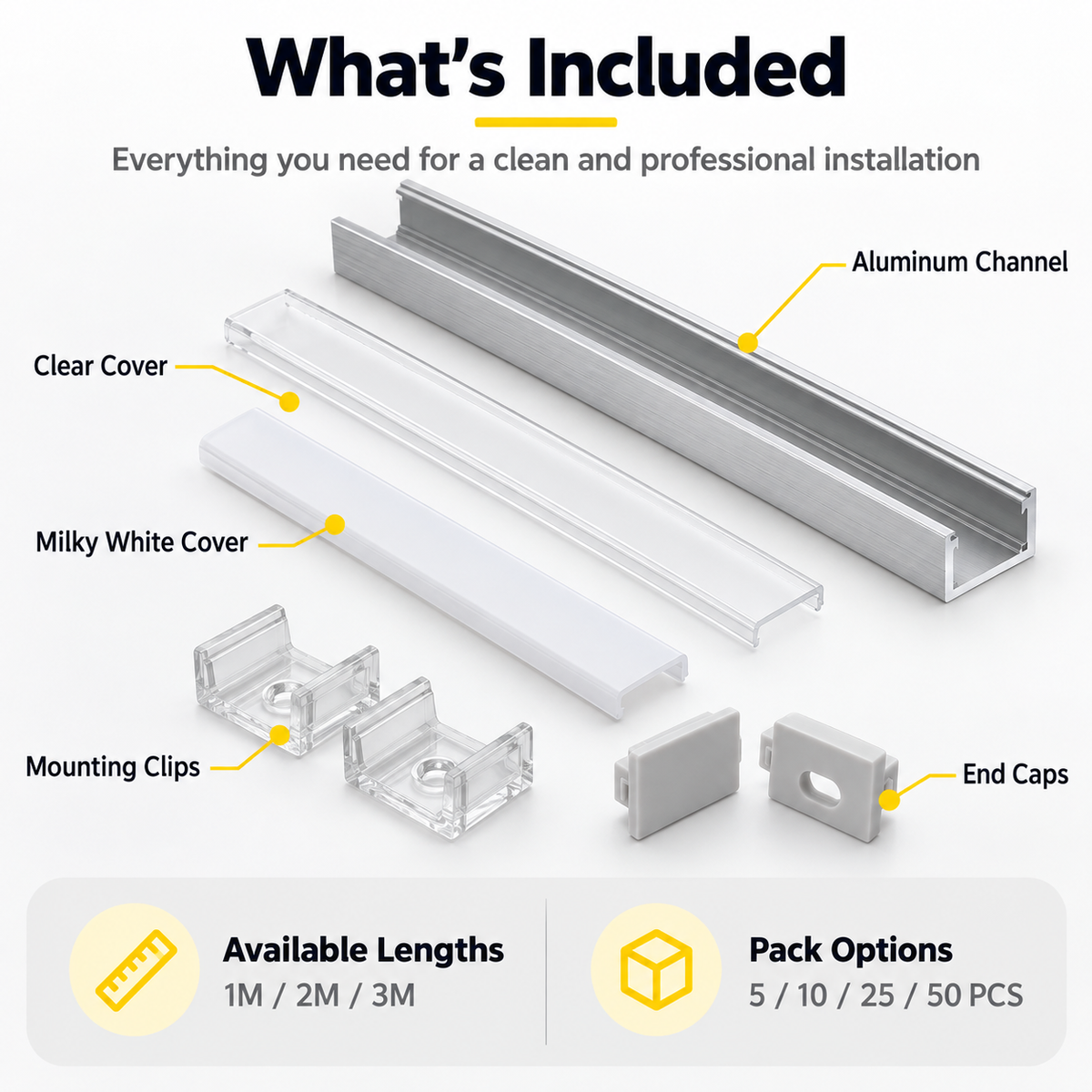 Silver U01 9x23mm U-Shape LED Aluminum Channel, 12mm Inner Width, with Cover, End Caps & Mounting Clips