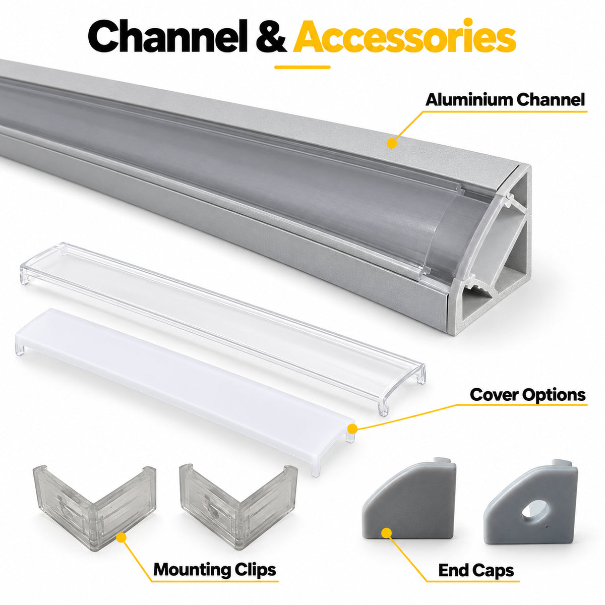Silver V03 18x18mm V-Shape Corner-Mount LED Aluminum Channel, 12mm Inner Width, with Cover, End Caps & Mounting Clips