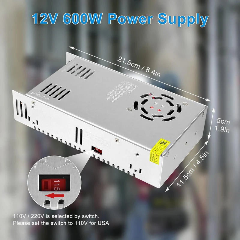 High Power DC 12V/24V 300W–600W Switching Power Supply, AC 110/220V Input, LED Driver Transformer, Metal Case with Cooling Fan, CE/FCC/RoHS Certified