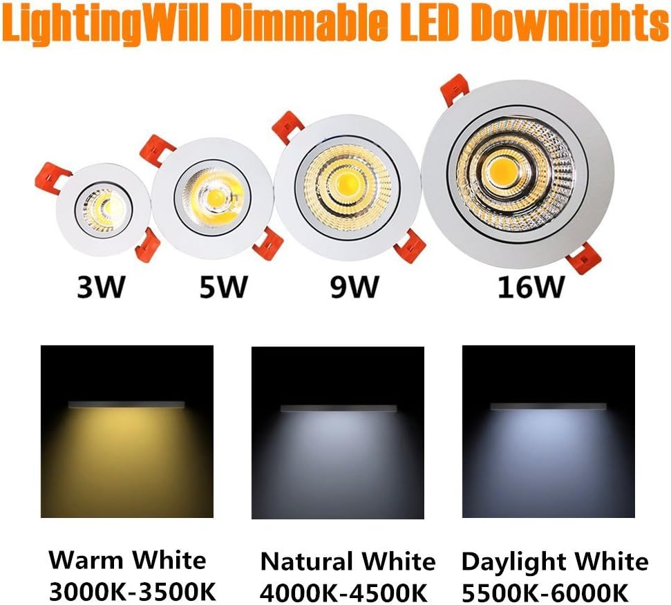 LightingWill 2inch LED Dimmable Downlight, 3W COB Recessed Ceiling Light, Warm White 3000K-3500K, CRI80, 25W 220LM Halogen Bulbs Equivalent, White (10 Pack)