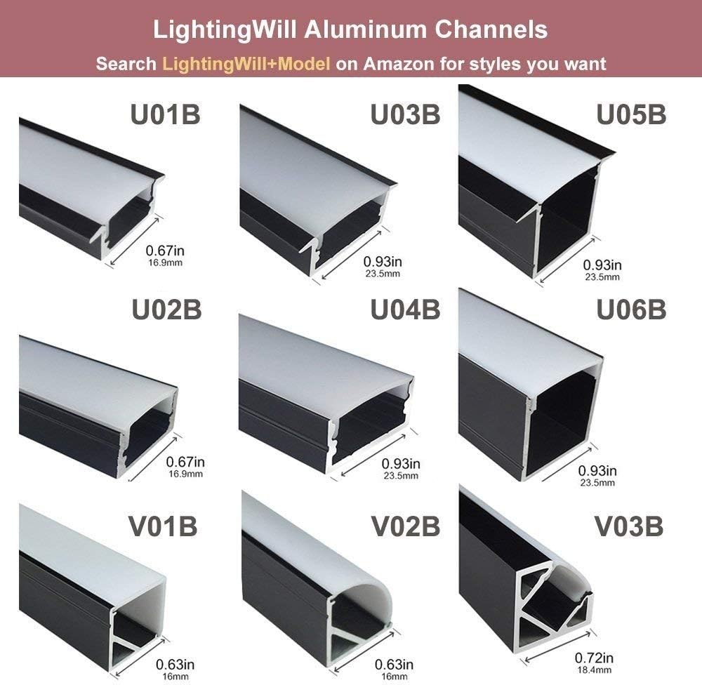 LightingWill Spot Free LED Aluminum Channel 10-Pack 3.3ft/1M 36x24mm Black U-Shape Aluminum Profile Internal Width 20mm with Diffuser Cover, End Caps and Mounting Clips for LED Strip Light-U05B10