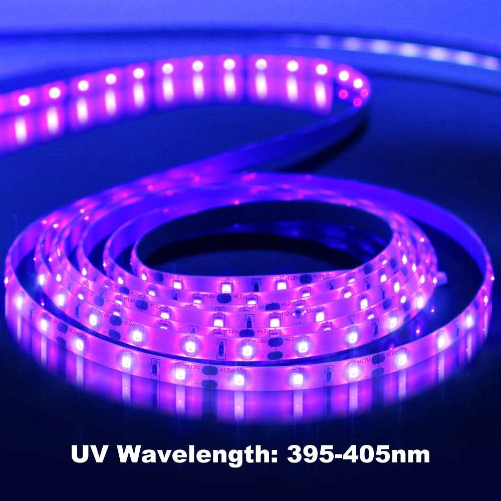 LightingWill 395–405nm SMD2835 UV LED Strip Light – 60 LEDs/m, 5M (16.4FT), Non-Waterproof/IP65