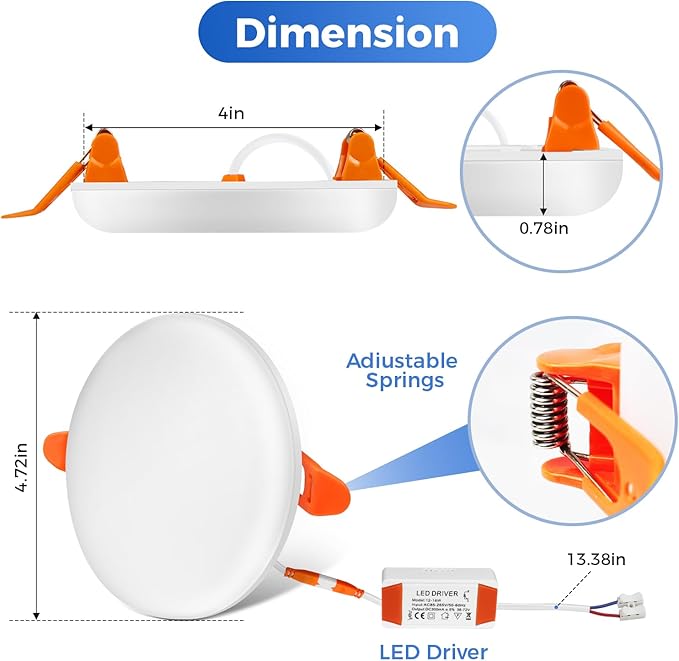 4 Inch LED Recessed Ceiling Light, 18W Recessed Light, 6500K Cool Daylight, Canless Wafer Downlight, Fits 2.5-4in Ceiling Hole with LED Driver (4 Pack)