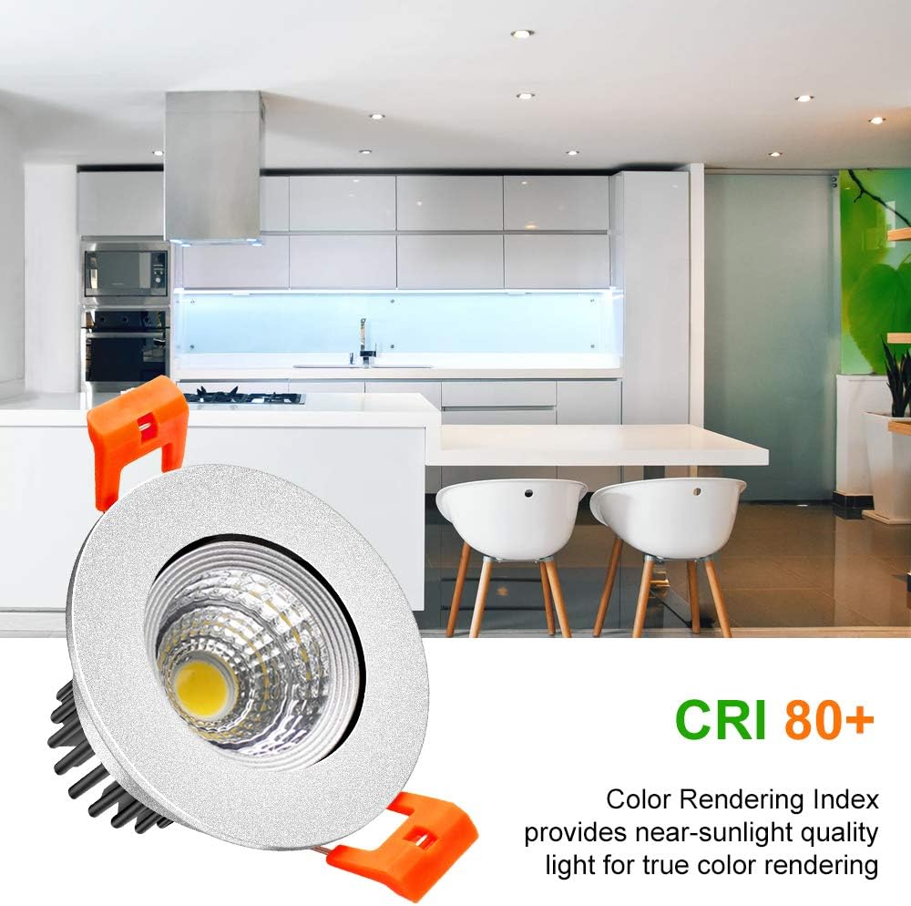 LightingWill 2inch LED Dimmable Downlight, 3W COB Recessed Ceiling Light, Daylight White 5500K-6000K, CRI80, 25W Halogen Bulbs Equivalent, Silver (1 Pack)