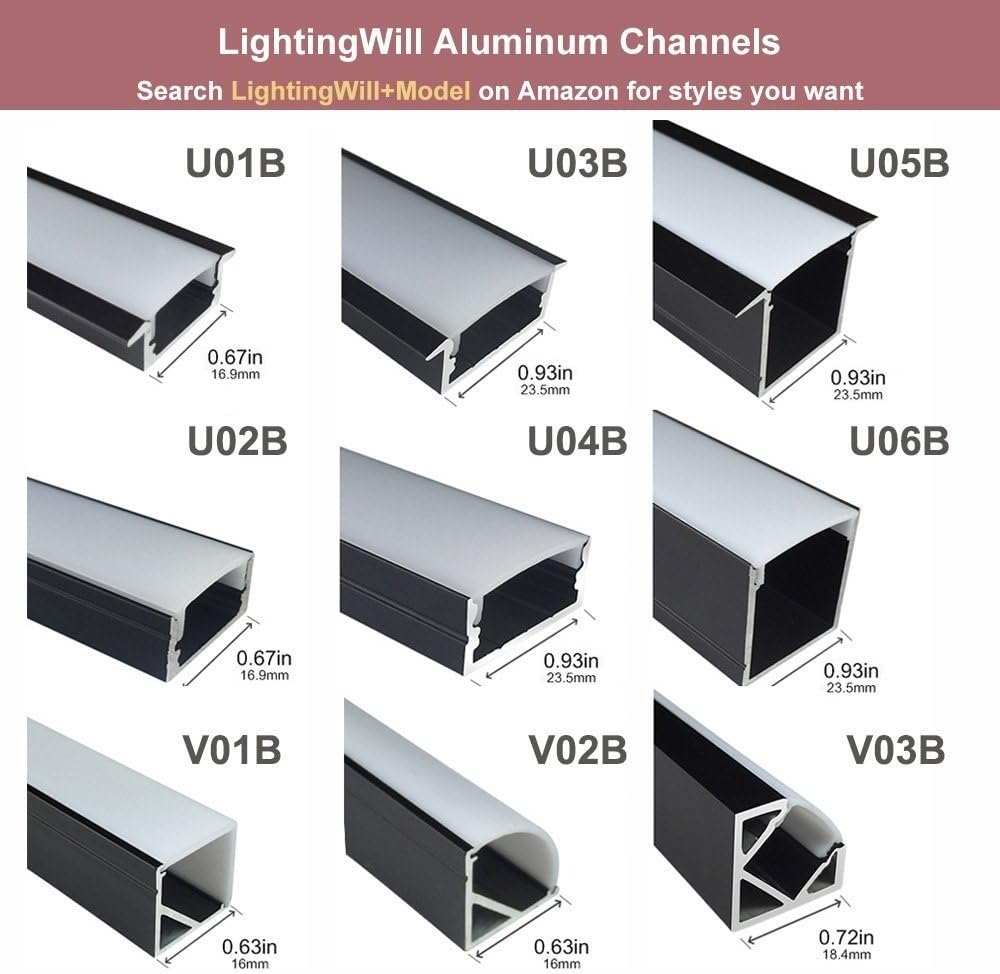 LightingWill Spot Free U Shape LED Aluminum Channel 10-Pack 3.3ft/1M 24x24mm Anodized Black Track Internal Width 20mm with Cover End Caps Mounting Clips for Cabinet Kitchen LED Strip Lighting-U06B10