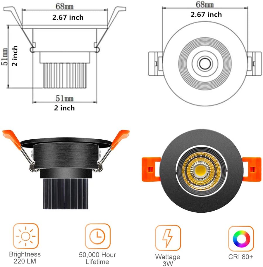 LightingWill 2inch LED Dimmable Downlight, 3W COB Recessed Ceiling Light, Warm White 3000K-3500K, CRI80, 25W Halogen Bulbs Equivalent, Black (10Pack)