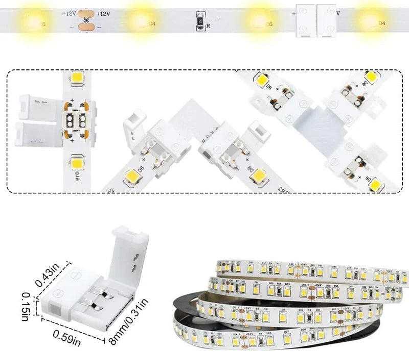 LightingWill LED Strip Connector 10mm 2Pin Solderless Clips, LED Light Strip Connector Strip to Wire Strip to Strip DC Adapter L T Connectors, Local Stock US UK
