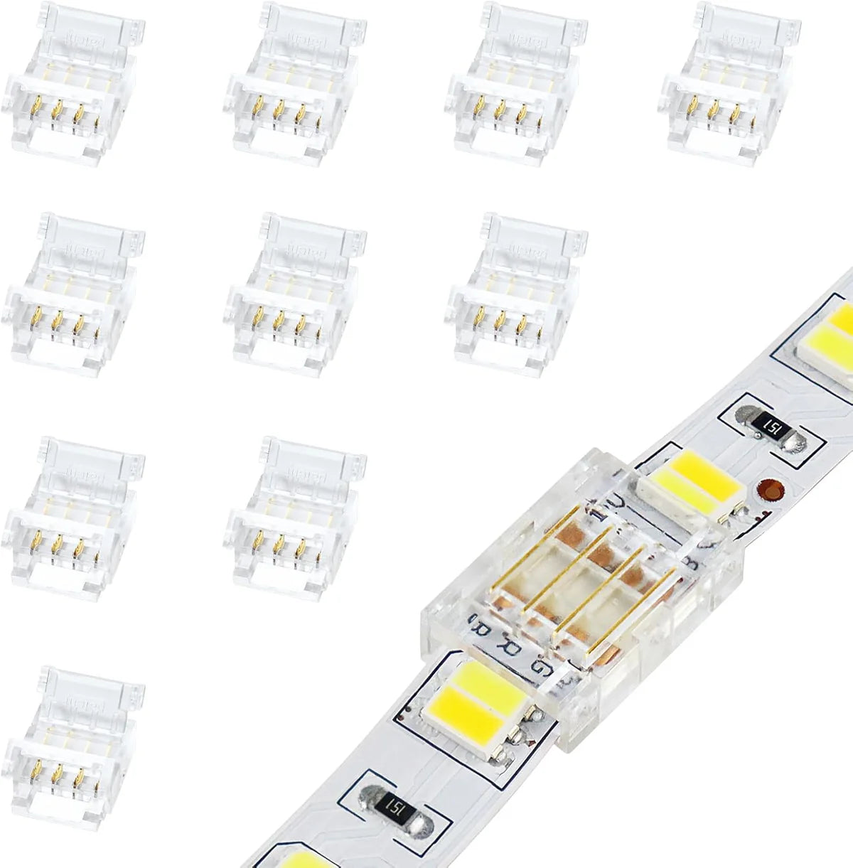 LightingWill LED Strip Connector 10mm 4Pin Transparent Solderless Clips, LED Light Strip Connector Strip to Wire Strip to Strip Female Plug Connector for RGB Strip, Local Stock US UK