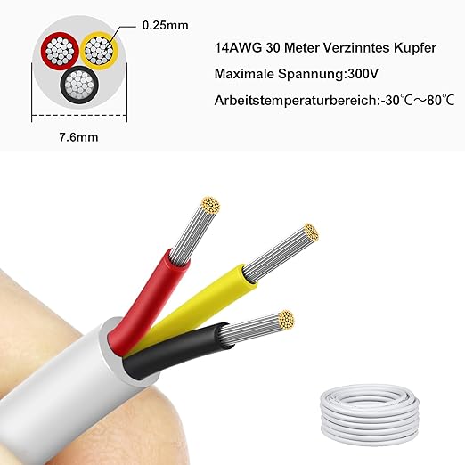 5/10/20/30 Metres 14/22 AWG, 3 x 2.0/4 x 2.0/6 x 0.3/6 x 2.0 mm² Electric Cable, 6 Core Cable, 5V/12V/24V/300V Power Cable, Tinned Copper Cable, Flexible and Soft, Low Impedance, High Temperature Resistance, Extension Cable