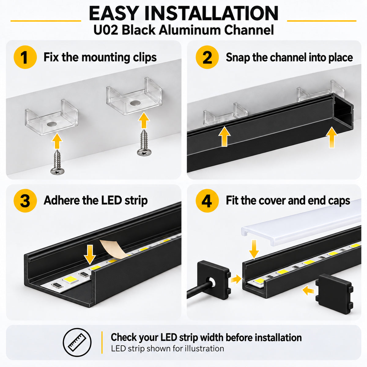 Black U02 9x17mm U-Shape LED Aluminum Channel, 12mm Inner Width, with Cover, End Caps & Mounting Clips