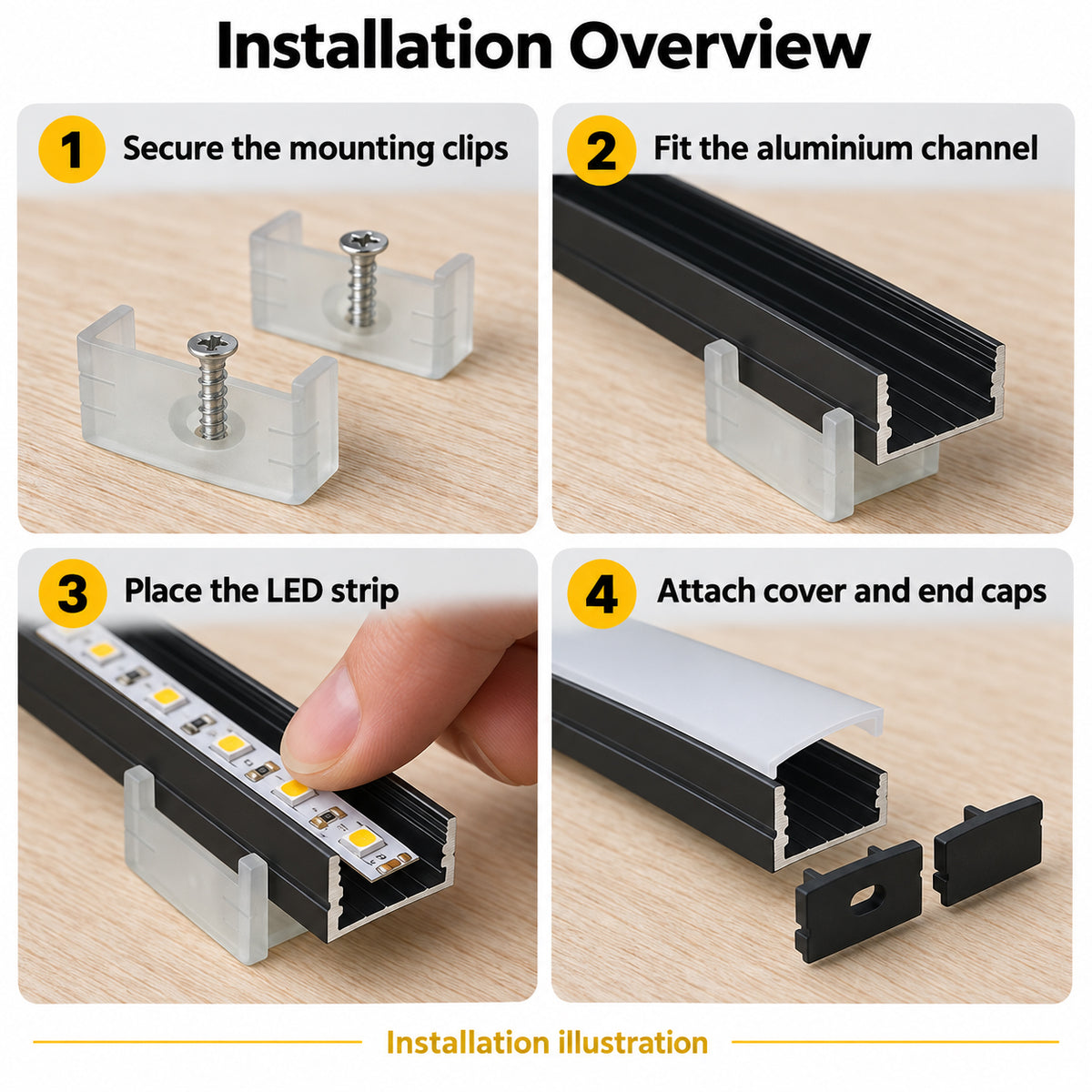 Black U04 10x23mm U-Shape LED Aluminum Channel, 20mm Inner Width, with Cover, End Caps & Mounting Clips