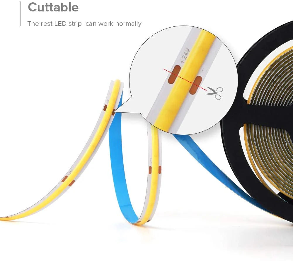 COB LED Strip Light 12V/24V 320/480/512LEDs/M, 8mm Flexible Dot-Free LED Tape, CRI80+ High Brightness Non-Waterproof, 3000K/4000K/6500K & RGB Colors for Cabinet Kitchen Lighting, 5M/10M Pack